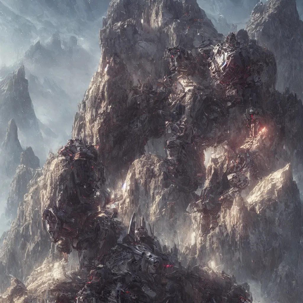 Prompt: a detailed portrait of a giant mechanical humanoid buried inside the mountains by Greg Rutkowski, Sung Choi, Mitchell Mohrhauser, Maciej Kuciara, Johnson Ting, Maxim Verehin, Peter Konig, final fantasy, Marco lense , 8k photorealistic, cinematic lighting, HD, high details, atmospheric , trending on artstation