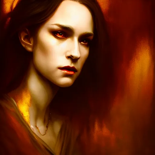 Image similar to majestic gracious regal aristocratic brunette female vampire portrait, atmospheric lighting, painted, menacing, intricate, volumetric lighting, beautiful, rich deep colours masterpiece, golden hour, sharp focus, ultra detailed, by leesha hannigan, ross tran, thierry doizon, kai carpenter, ignacio fernandez rios