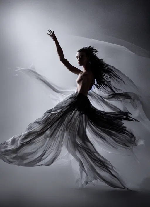 Image similar to a Photorealistic dramatic hyperrealistic render of a beautiful Female smoke dancer by Ken Brower and Deborah Ory of NYC Dance project,Lois Greenfield,Flowing cloth and smoke,Beautiful dynamic dramatic dark moody lighting,volumetric,shadows,cinematic atmosphere,Octane render,8K