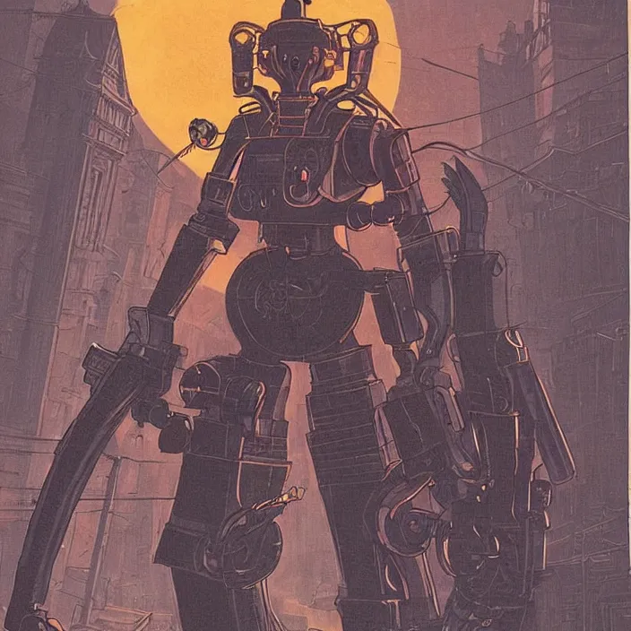 Image similar to a retrofuturism robot hunter from bloodborne in yharnam, style by retrofuturism, faded red and yelow, by malcolm smith, old comics in city, nicholas roerich, katinka reinke