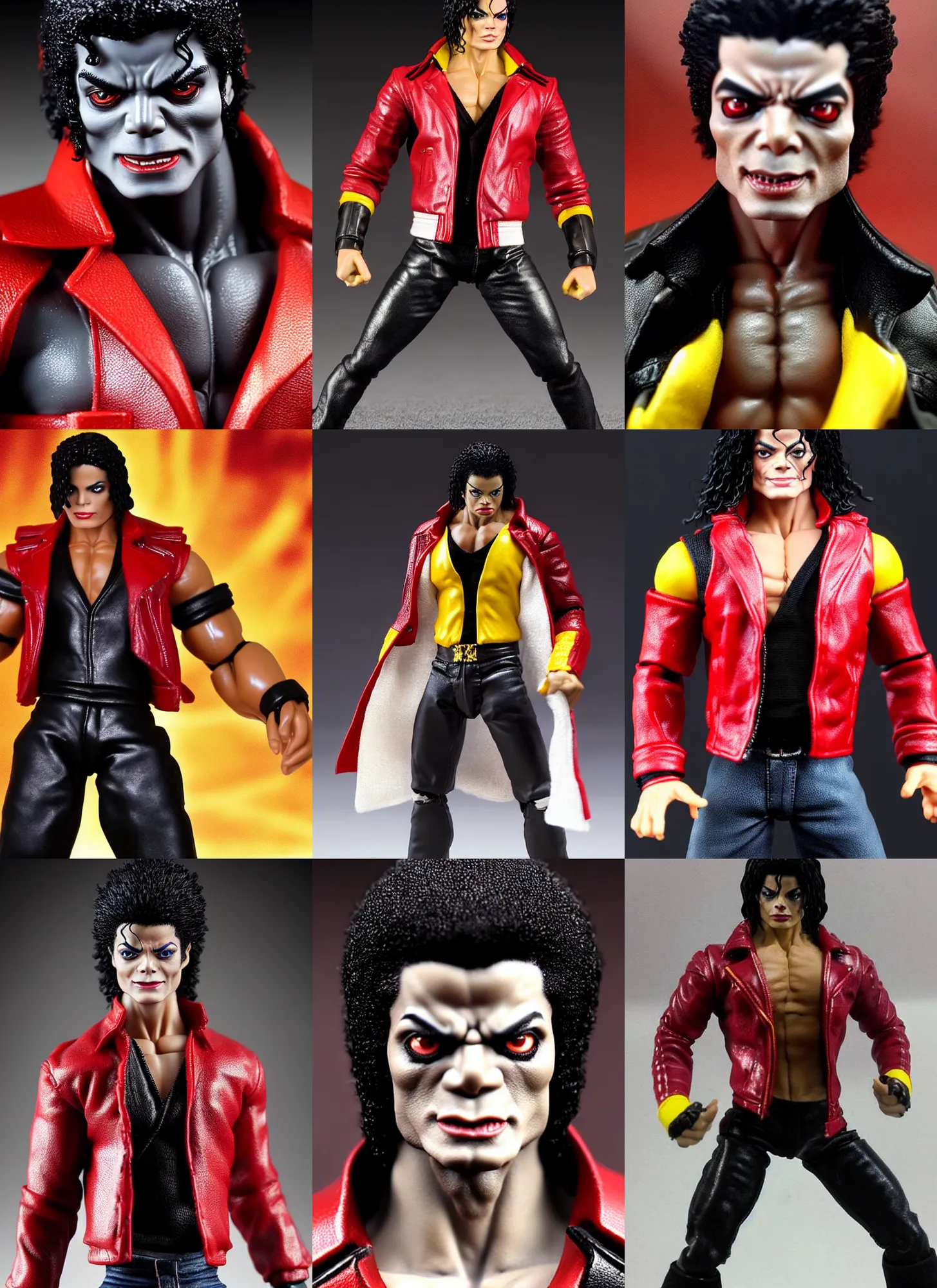 Prompt: stoic michael jackson oversized muscular hulked powerlifter by neca!!! pretty! beautiful! shirtless muscular black pants red leather thriller jacket with yellow details very detailed realistic action figure by neca!!. macro face very close!! shot face shot head shot. in the style of tekken 5, character from mortal kombat, film still, bokehs