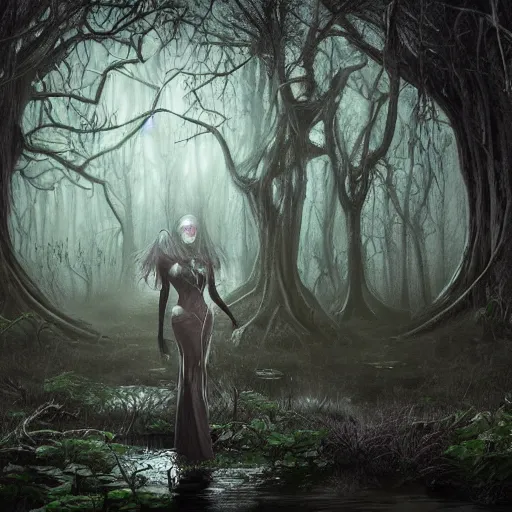 Image similar to mystical magic school in haunted swamp surrounded by dense forest with vines, creepy ambiance, desaturated, highly detailed, sharp focus, by artgerm, cgsociety