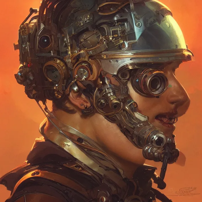 Image similar to a head and shoulders portrait of a space pirate, neon, retro, steampunk, smooth, sharp focus, intricate, artstation, detailed concept art by Greg Rutkowski and Alphonse Mucha and Norman Rockwell