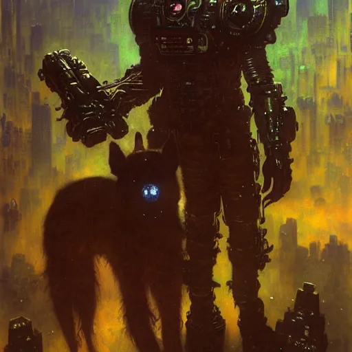 Image similar to portrait german dogman canine neuromancer. spaceship futuristic city. shadowrun cyberpunk fantasy d & d painting by gaston bussiere craig mullins jc leyendecker gustav klimt artgerm greg rutkowski john berkey, bergey, craig mullins, ruan jia, raymond swanland, jeremy mann, beksinski, jack kirby, tom lovell