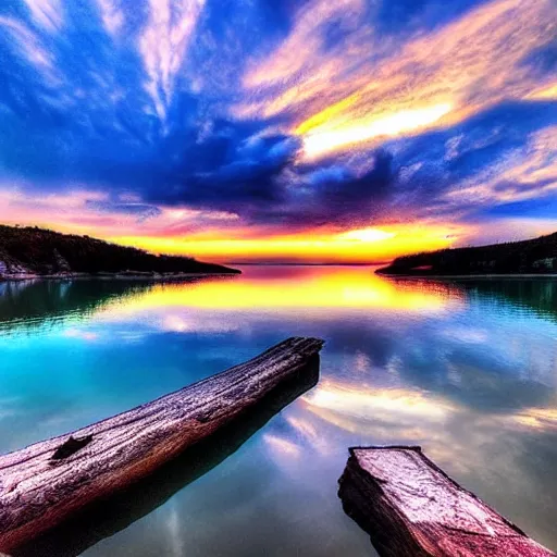 Prompt: sunset above blue lake, beautiful landscape, high detail, instagram photo, professional dslr photo, creative composition, beautiful composition