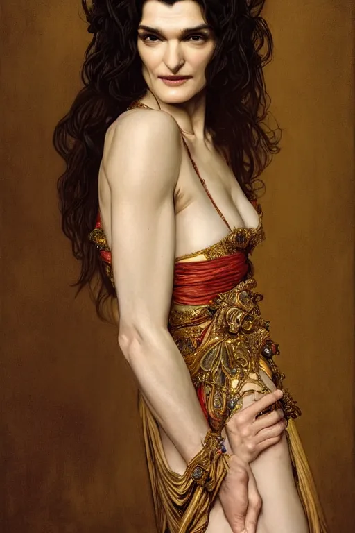 Image similar to body portrait of rachel weisz wearing a flowing silk robe, wearing an ornate ancient headress, by terry o'neill intricate, elegant, highly detailed, digital painting, artstation, concept art, smooth, sharp focus, bold lighting, deep colors, dark background, illustration, art by artgerm and greg rutkowski and alphonse mucha, 8 k,