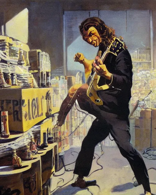 Image similar to Snake Oil salesman shredding on a Gibson Les Paul in a snake oil warehouse, snakes and oil everywhere, painting by Frank Frazetta