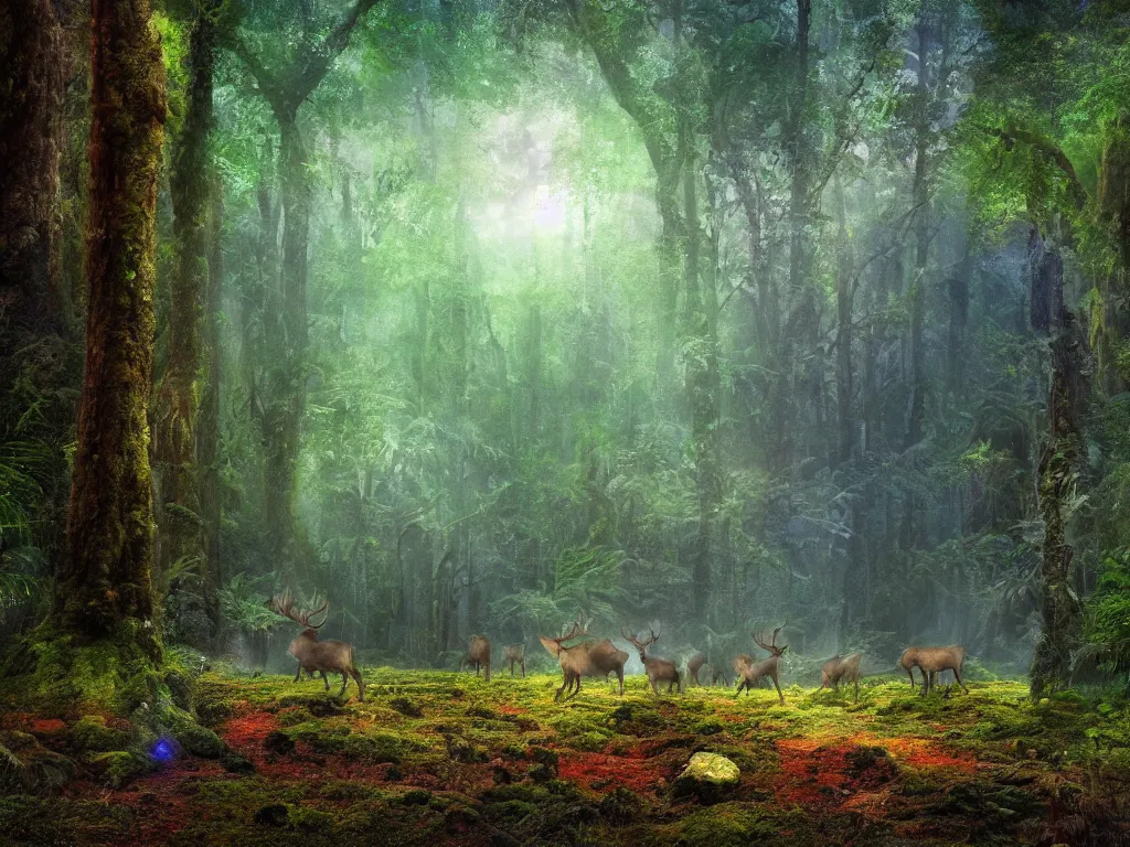 Prompt: a fantasy beautiful dense biorelevant rainforest setting, ultrawide angle, a large blue glowing elk herd, surround it with pixie dust ether floating in the air, hdr, epic scale, cmyk, deep spectrum color