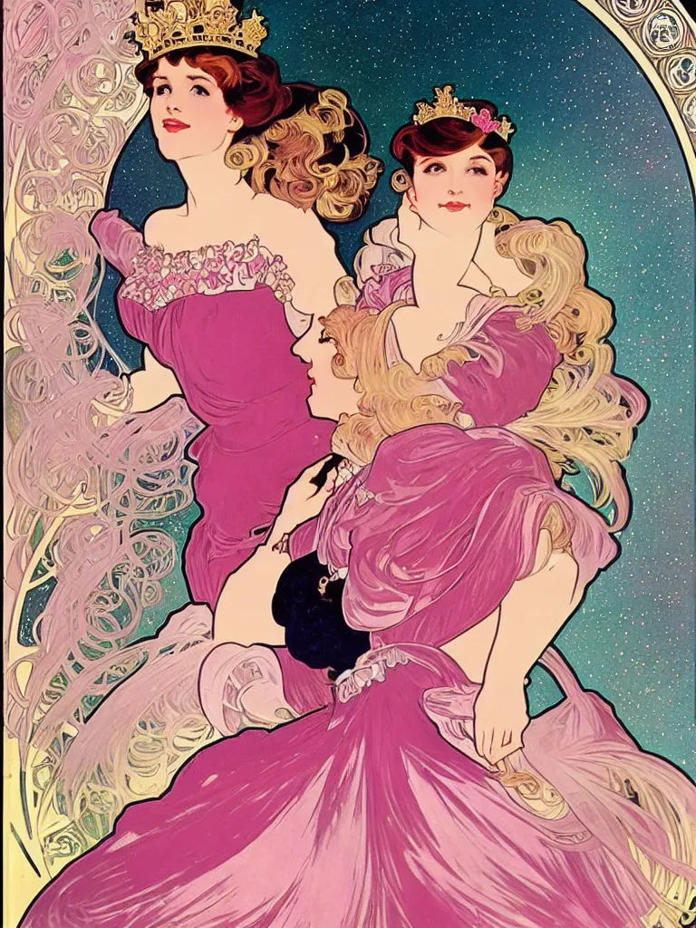 Prompt: Queen story hour aboard the USS Enterprise Glamourous Beauty Sparkles Glitter Feminine Pink In the style of Alphonse Mucha