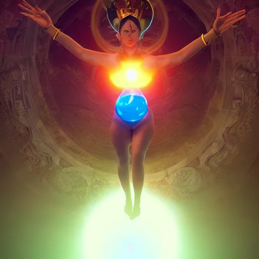 Image similar to a powerful goddess woman floating with a glowing orb of blue power in her hand, trending on artstation, colourful, powerful, dark, mysterious, maximalist, full body shot, japanese, unreal engine 5