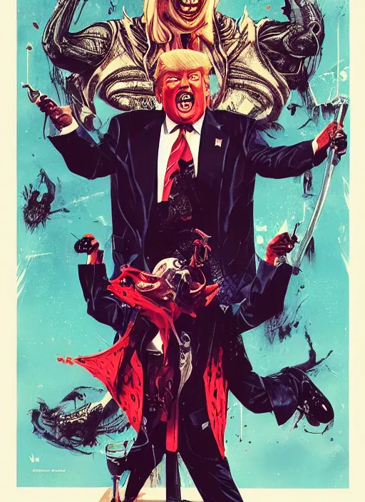 Image similar to donald trump as the villain, slasher film, grotesque, horror, high details, intricate details, by vincent di fate, artgerm julie bell beeple, 80s, inking, vintage 80s print, screen print