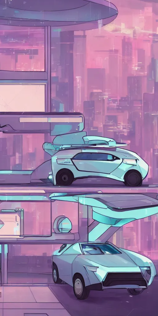 Image similar to pastel color pallete futuristic kiosk floating car with jet engine next to it Future drive through window Highly Illustrated artstation by space goose Cyberpunk buildings in background