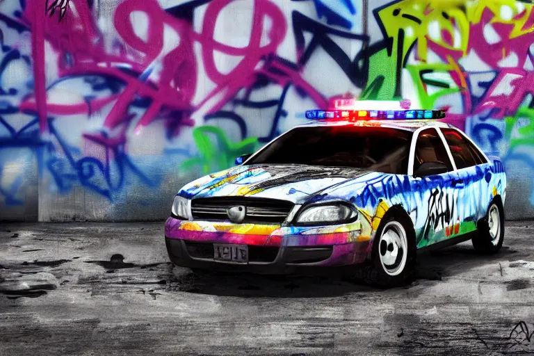 Image similar to a police car covered in graffiti by mia brownell, art by anna hotchkis, antonio saura, very detailed, maximalism, ambient occlusion, volumetric light, atmospheric haze, hyper realism, futuristic but colorful shading, cinematic composition, realistic render, photography, wide shot