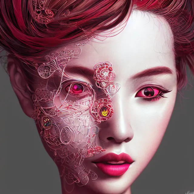 Prompt: studio portrait of absurdly beautiful, elegant, young hypercolorful gravure idol made of rubies and red gems, ultrafine hyperrealistic detailed face illustration by kim jung gi, irakli nadar, intricate linework, sharp focus, bright colors, matte, octopath traveler, final fantasy, unreal engine highly rendered, global illumination, radiant light, intricate environment