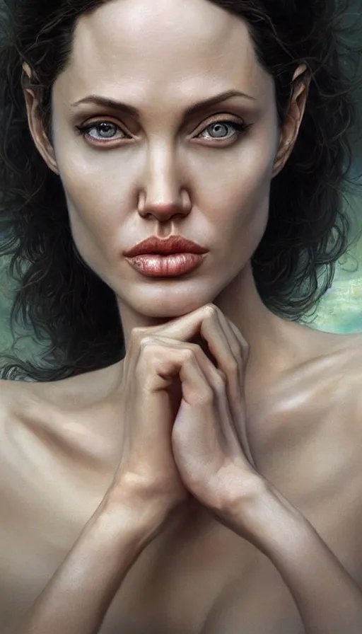 Image similar to epic masterpiece angelina jolie, sweaty skin, hyperrealistic, octane render, cinematic, beautiful face and flawless skin, perfect hands, 5 fingers, by Edgar Maxence and Ross Tran and Michael Whelan, Legends of Runeterra