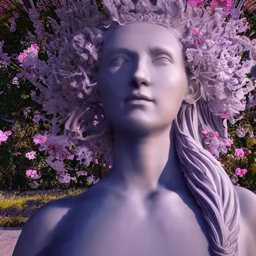 Prompt: an idealistic marble statue with sweeping clothes and with fractal flowery hair in a fractal garden, unreal engine, 8 k render, beautiful, full frame,