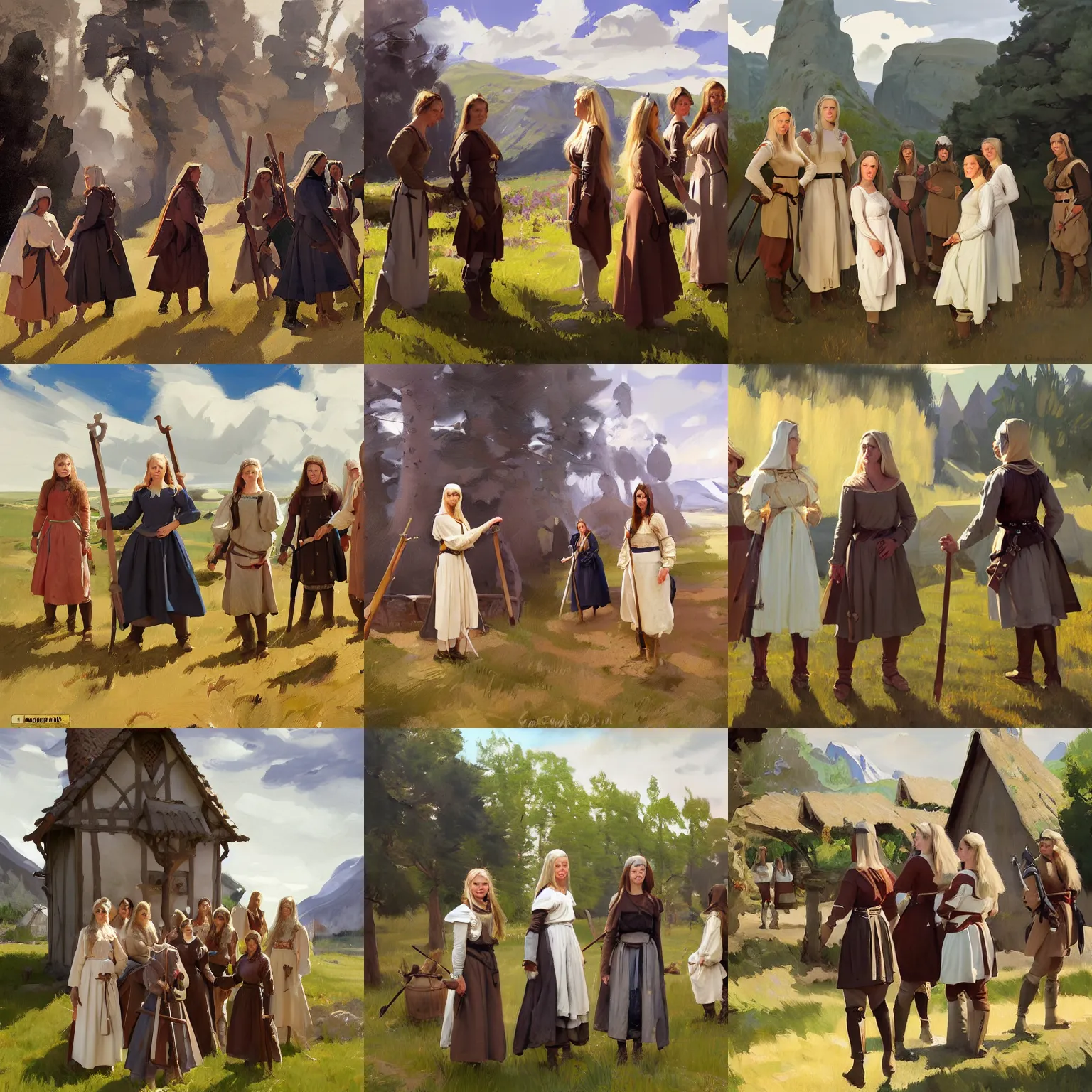 Prompt: portrait of a group of medieval village finnish norway scandinavian maidens in the field jodhpurs greg manchess painting by sargent and leyendecker, studio ghibli, fantasy, medium shot, asymmetrical, intricate, elegant, matte painting, illustration, hearthstone, by greg rutkowski, by greg tocchini, by james gilleard, by joe fenton