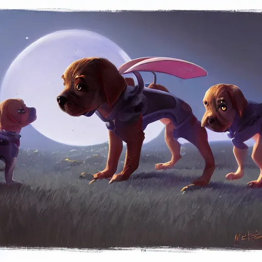 Image similar to puppy alien invasion, artwork by eddie mendoza