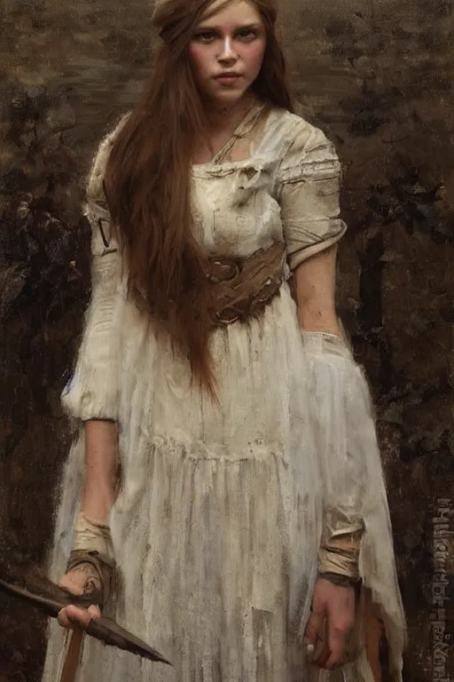 Prompt: Richard Schmid and Jeremy Lipking and Antonio Rotta full length portrait painting of a young beautiful traditonal viking warrior priestess woman