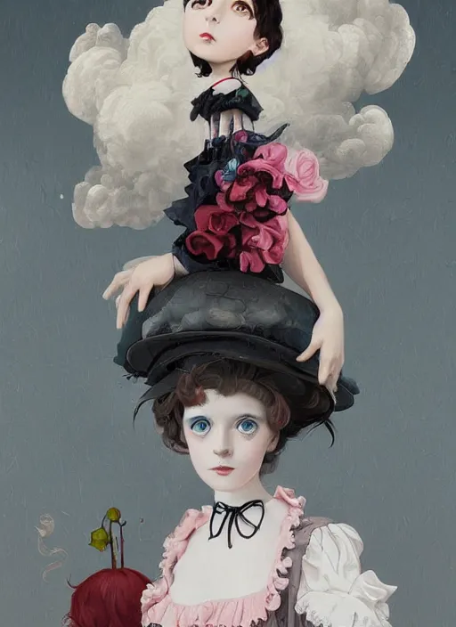 Image similar to Lowbrow pop surrealist Gothic Lolita digital art, painted by Julia Heffernan, Élisabeth Louise Vigée Le Brun, Studio Ghibli, realistic hair, artstation trend, high quality printing, fine art with subtle redshift rendering