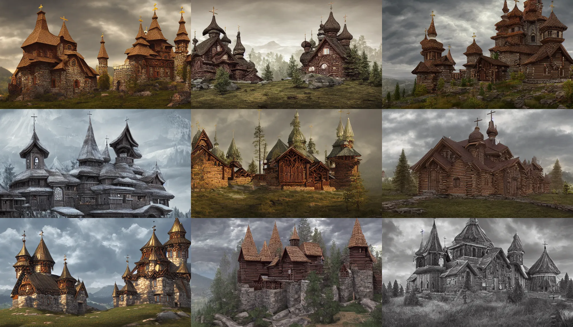 Prompt: tall castle enclosed palisaded, with christian wooden churches and domes on them, log houses built on hills, slavic, russian, slovenian, tartarian architecture, gray skies, hyper - detailed, artstation, cgsociety, 8 k