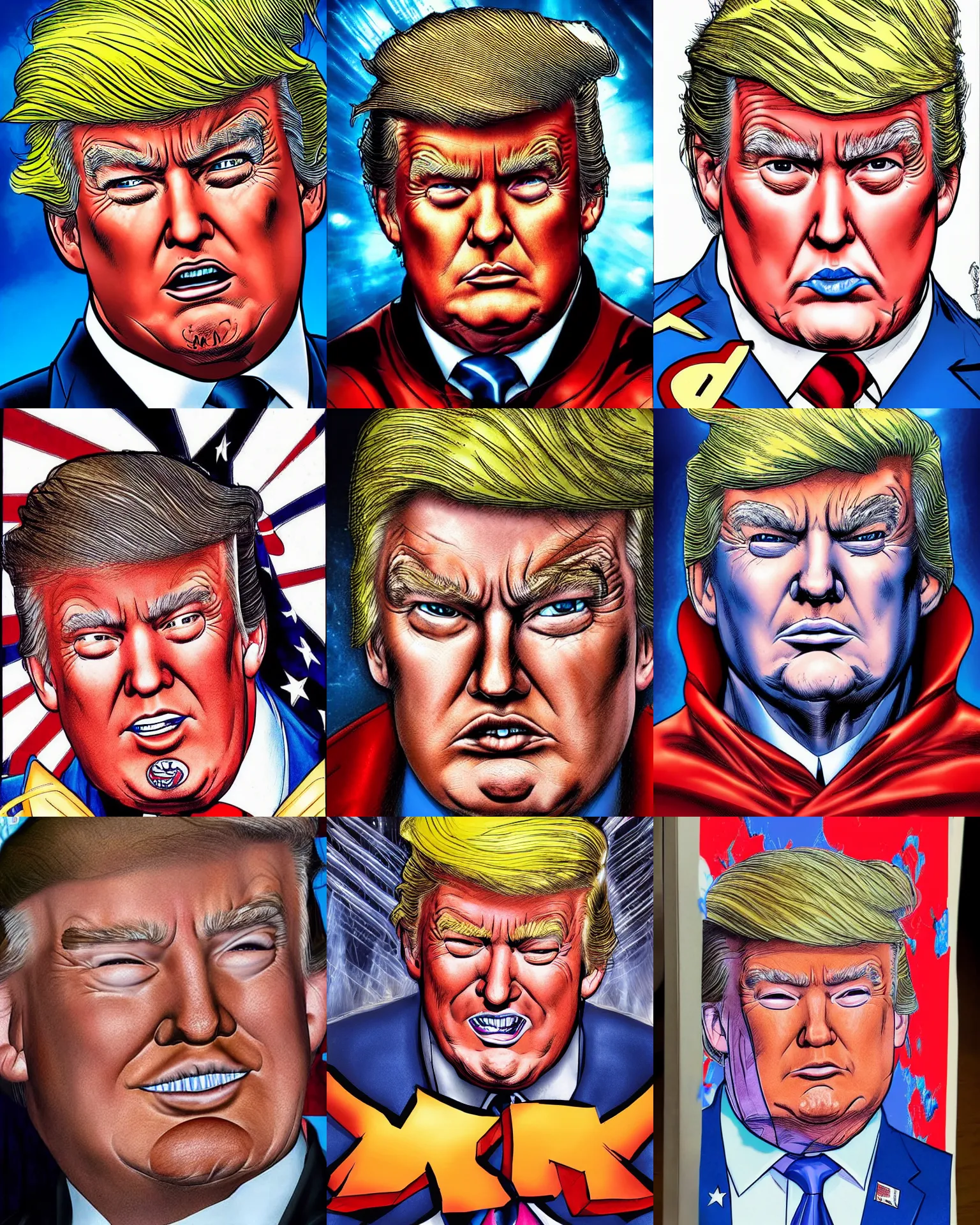 Prompt: jim lee!!! very realistic close up headshot of donald trump as superhero in the style of jim lee, x-men comic book cover by jim lee