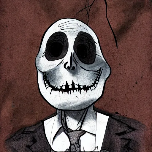 Image similar to grunge drawing of Klaus Schwab in the style of jack skellington and Jacob Shaw,creepy, surreal, trending on artstation, bold and vivid colour