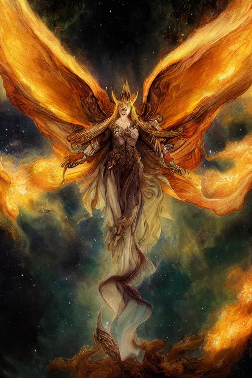 Prompt: breathtaking detailed soft painting of bat bahamut in a nebulae galaxy in flames with intricated ribbons of light, gauze dress draped of fireflies and an art nouveau golden halo, rembrandt style, elegant, highly detailed, artstation, concept art, matte, sharp focus, art by Tom Bagshaw, Anato Finnstark and Greg Rutkowski