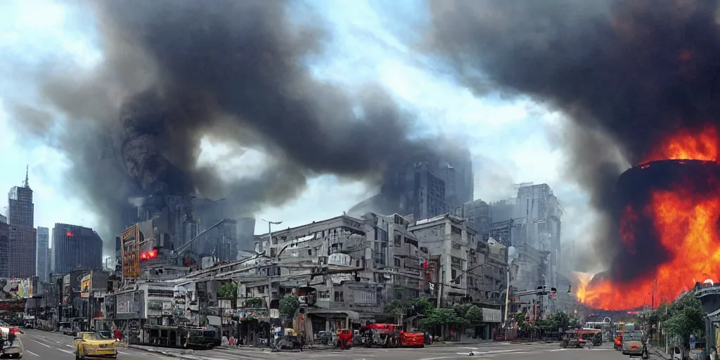 Image similar to wide angle photo, a epic side robot pig machine breaking down buildings on fire in a city, in the style of a kaiju monster movie