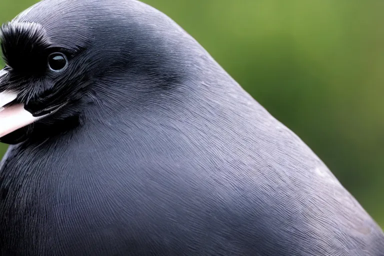 Image similar to close up of a obese crow with a round body short legs and large black beak, high resolution film still, film by Jon Favreau