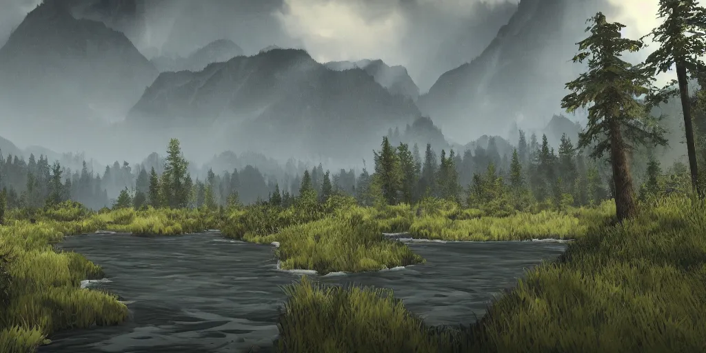 Prompt: A wild river with mountains and forests surrounding it. In the style of game called inside. Detailed