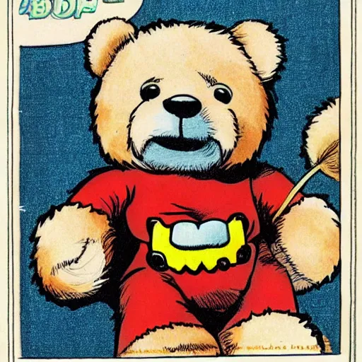 Prompt: fluffy teddy bear color comic book drawing as drawn by jack kirby