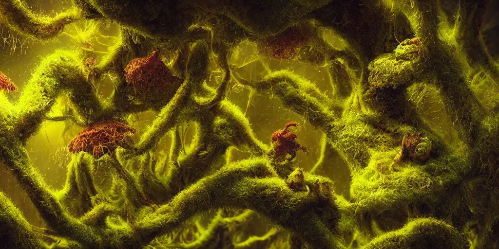 Image similar to a beautiful macro photography of moss with alien fungus, hyperdetailed, warm volumetric lights , made by Gerald Brom and Mike Winkelmann