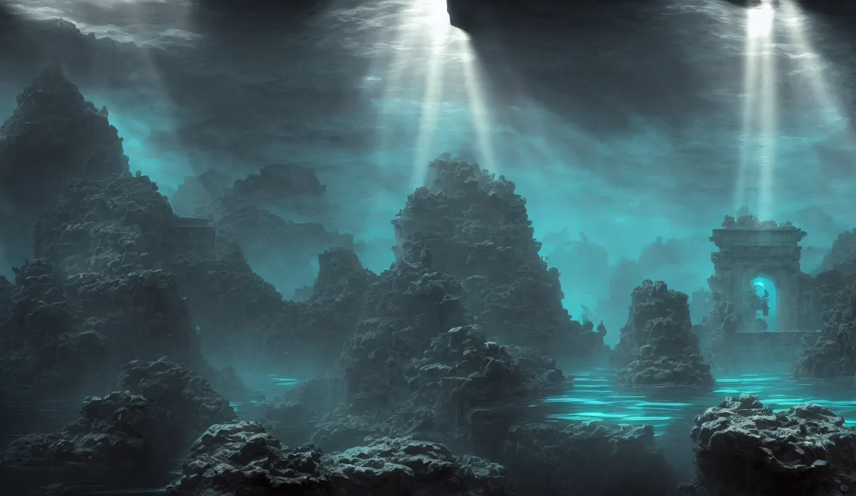 Image similar to low ultrawide shot, dark, underwater statues, submerged pre - incan temple with carvings, abyss, stylized, anime style mixed with fujifilm, detailed gouache paintings, crepuscular rays, dark, murky, foggy, atmospheric, artstation, cgsociety, unreal engine 5, octane render