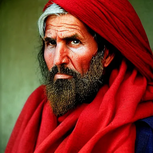 Prompt: portrait of president donald trump as afghan man, green eyes and red scarf looking intently, photograph by steve mccurry