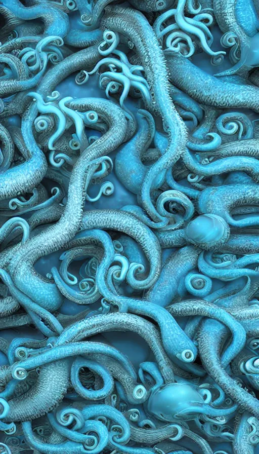 Prompt: masses of tentacles rising from a cerulean sea, very beautiful, highly detailed, metallic textures, volumetric soft lighting, 8k