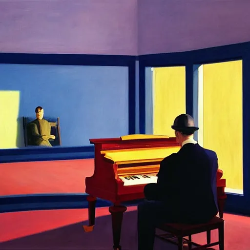 Prompt: painting of a man sitting at a grand piano, but not playing. he's looking into the void. by edward hopper and james gilleard