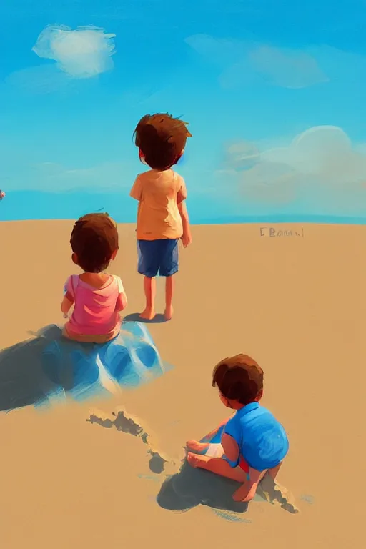 Image similar to Two children sitting on the sand, making sandcastles, blue sky, digital painting, artstation, concept art, smooth, sharp focus, behance, HD, by Benji Davies