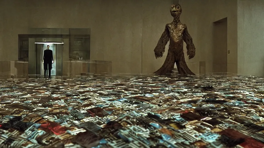 Prompt: the strange creature in a bank, made of magazines and water, film still from the movie directed by Denis Villeneuve with art direction by Salvador Dalí, wide lens