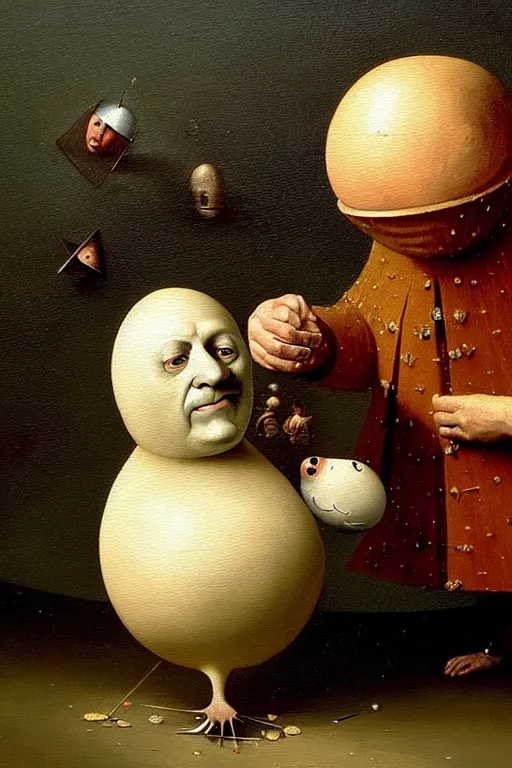 Prompt: hieronymus bosch and greg rutkowski, oil painting of short fat humpty dumpty