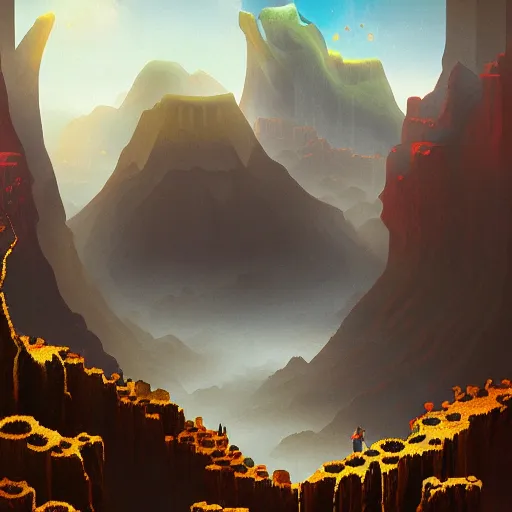 Prompt: Darkness descending on Pixel Canyon is a landscape, pixelated rain, intricate, highly detailed, digital painting, sharp focus, 8k UHD, art by artgerm and Gustave Baumann