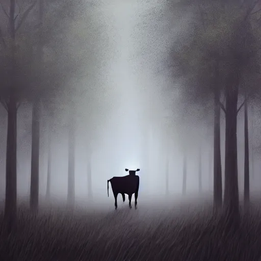 Image similar to Highly realistic painting of a cow standing in the middle of a dark forest, oak trees, fog, moody lighting, volumetric lighting