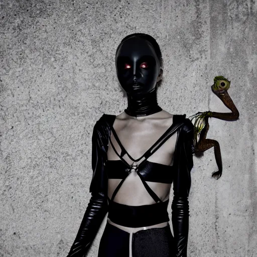 Image similar to fashion photography of an extraterrestrial model, holding a chameleon, wearing demobaza fashion, inside berghain, berlin fashion, harness, futuristic fashion, dark minimal outfit, photo 3 5 mm leica, hyperdetail, berghain, 8 k, very detailed, photo by nick knight