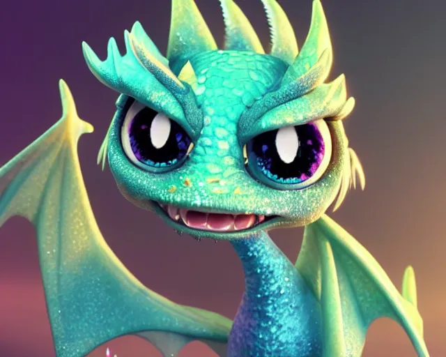Prompt: character design of a cute dragon, big eyes, soft scale texture, pastel colours, shiny glitter crystals, cc ute, adorable, pixar animation style, detailed, soft light, octane render, 4 k,