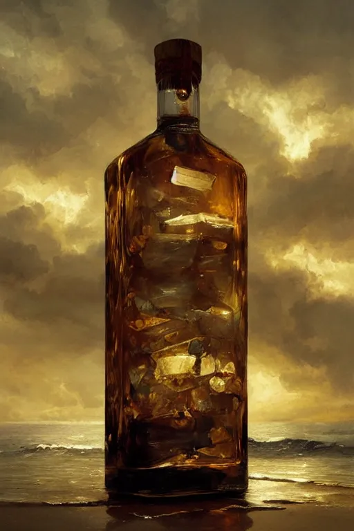 Image similar to imagine a ship in a bottle but instead of a ship jack black is in the bottle, jack black, fancy whiskey bottle, masterpiece painting by greg rutkowski