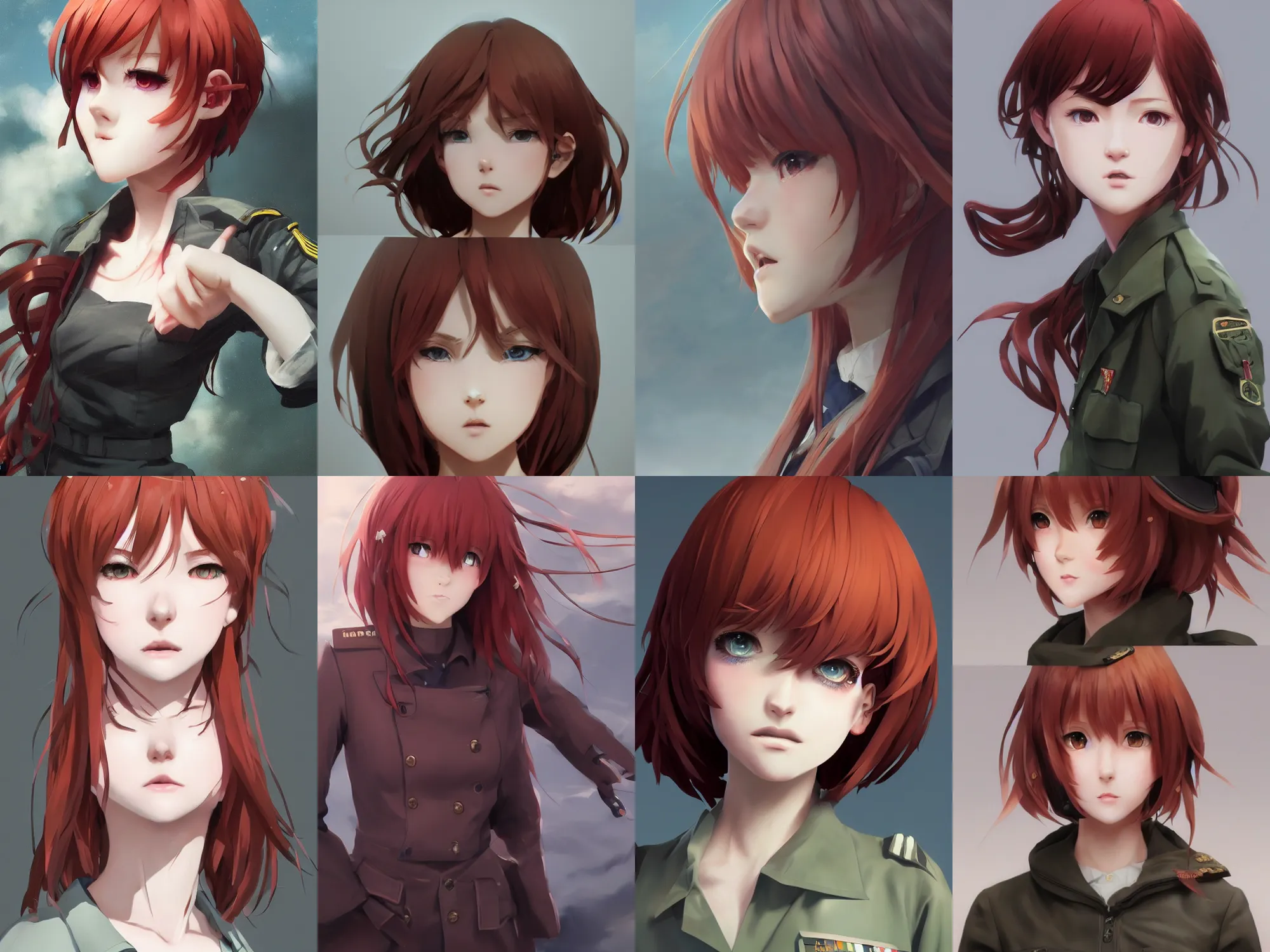 Prompt: Very complicated dynamic composition, realistic anime style by WLOP, ilya kuvshinov, krenz cushart, Greg Rutkowski, trending on artstation. Zbrush sculpt colored, Octane render in Maya and Houdini VFX, close-up portrait of redhead girl in motion, she is frightened, wearing military uniform, silky hair, stunning deep eyes. Very expressive and inspirational. Amazing textured brush strokes. Cinematic dramatic soft volumetric studio lighting
