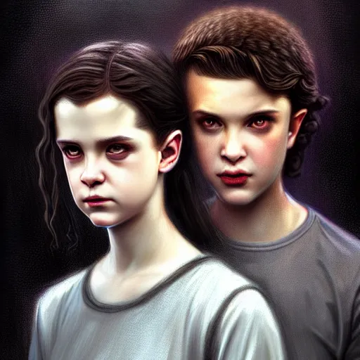 Image similar to Twilight version of Stranger Things, Portrait of Edward and Bella, diffuse lighting, fantasy, intricate, elegant, highly detailed, lifelike, photorealistic, digital painting, artstation, illustration, concept art, smooth, sharp focus, art by Artem Demura