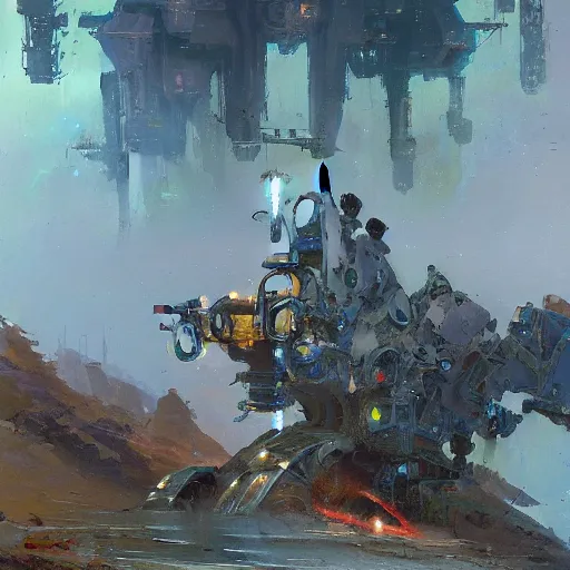 Prompt: tarot card of a mech walking along the shore by John Berkey and Peter Mohrbacher, moody lighting, rocky cliffs