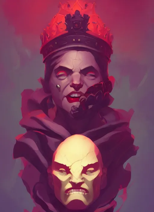 Prompt: severed head of a king, in the style of artgerm, charlie bowater, sam guay, atey ghailan and mike mignola, vibrant colors and hard shadows and strong rim light, plain background, comic cover art, trending on artstation