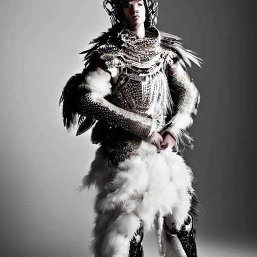 Image similar to a portrait of a beautiful young male wearing an alexander mcqueen armor made of delicate feathers , photographed by andrew thomas huang, artistic